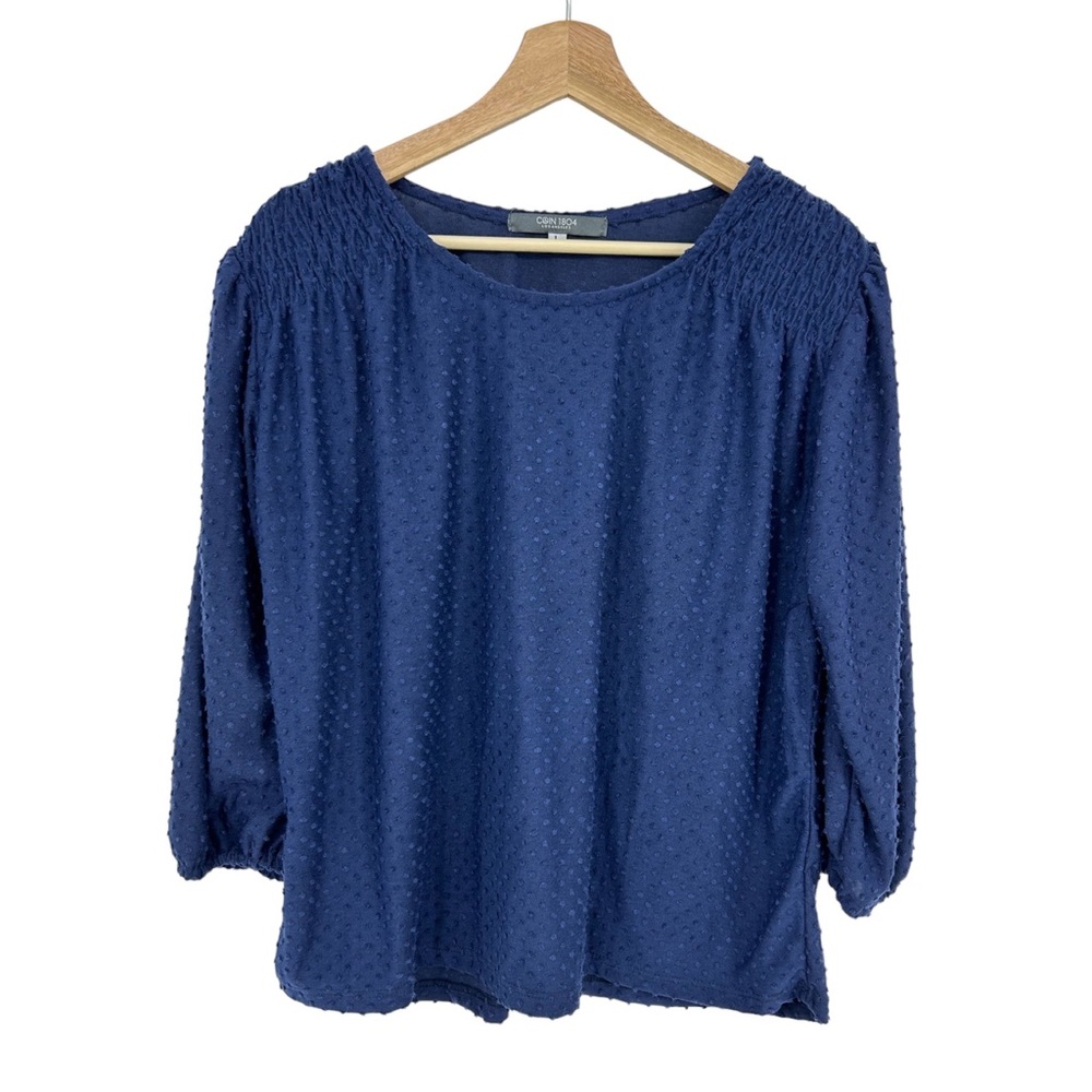 Coin 1804 Swiss Dot Navy Blue Ruched Shoulder Scoop Neck Blouse